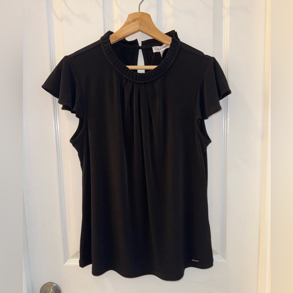 NWT Calvin Klein Pleated Neck Black Top